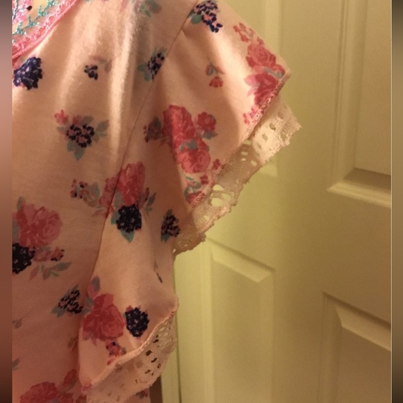 Boho Embroidered front Lace Top Flutter Short Sleeve Open Back Top Large - Picture 6 of 9